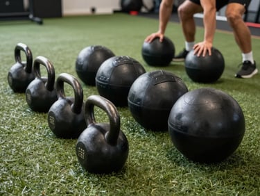 A functional training turf with kettlebells and medicine balls arranged neatly, an athlete performing a clean movement in the background, sharp highlights.