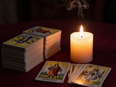A single beeswax candle burning in low light next to a neatly stacked deck of tarot cards, smoke trails, warm glow.