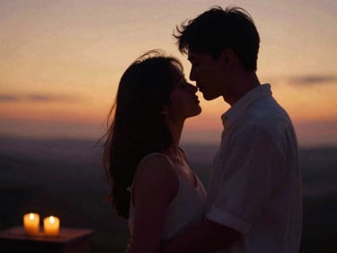 Subtle out-of-focus silhouette of a couple in a warm embrace during golden hour, soft light, film grain.
