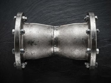 Sharp orthographic profile shot of a heavy steel pneumatic conveying elbow, high-contrast industrial studio lighting, metallic steel texture, slate background