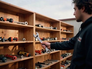 A volunteer handing a heavy wrench to a neighbor inside a structured local tool library, warm late-afternoon sun, 35mm film look.