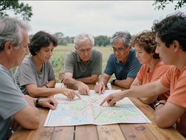 A multi-generational planning session with neighbors pointing at a physical map on a wooden table, natural overcast daylight, 35mm film look.