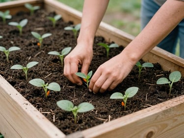 Close-up of hands planting heirloom seedlings in rich soil within a timber raised garden bed, natural overcast daylight, 35mm film look.