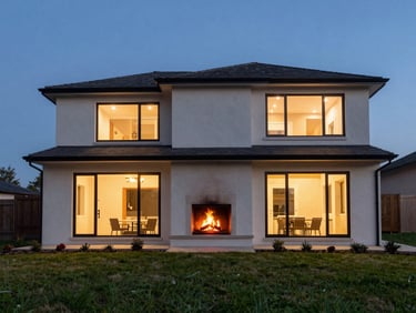 Real estate exterior at twilight, warm interior lights, natural-looking dusk sky, fireplace glowing, wide-angle lens, natural saturated tones