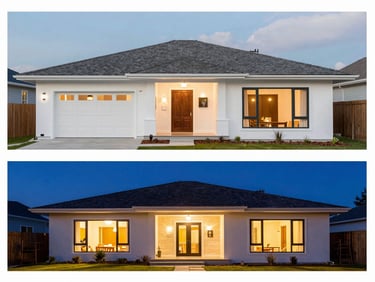 Before and after comparison of a house exterior, showing a bright daytime scene in the 'before' and a warm, inviting twilight scene with glowing interior lights and a rich blue sky in the 'after'. Wide-angle architectural shot, natural saturated tones.