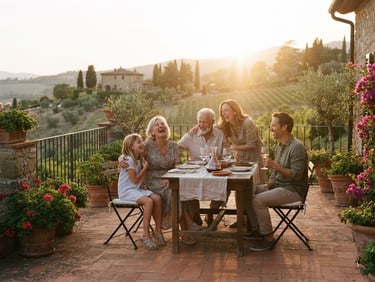 Warm environmental wide shot of a family laughing on a sun-drenched terracotta terrace during golden hour, soft sun flare, cinematic 35mm film.