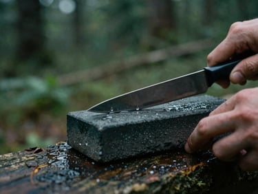 Close-up of a knife blade being drawn across a wet sharpening stone, water droplets visible, hands steady, moody overcast light, shallow depth of field.