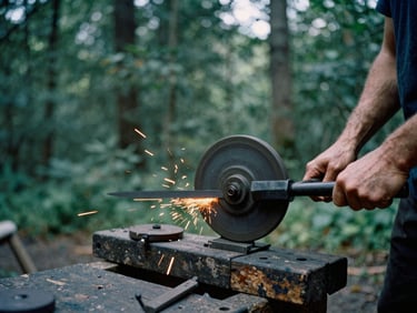Hands working a steel blade at a traditional grinding wheel, sparks flying softly in a dark workshop, moody overcast daylight, 35mm film