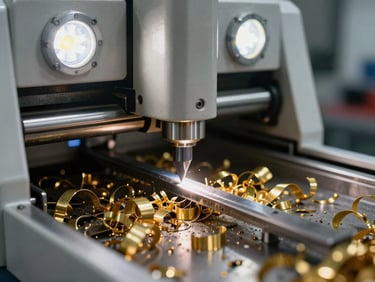 Tight macro shot of a laser key cutting machine inside a mobile work van, bright LED work lights illuminating the brass shavings and steel blade, clean and technical.