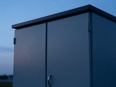 Crisp architectural photography of a perfectly routed high-voltage electrical cabinet, cool blue hour lighting, deep navy and anthracite tones, sharp focus, 35mm lens