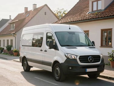 A clean, modern moving van parked on a sunny street in a quiet Silesian neighborhood, soft sun flares, low angle.