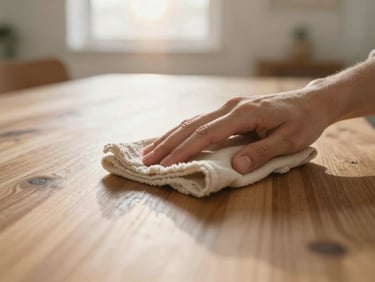 Close-up of hands gently cleaning a wooden table surface with a natural cloth, warm natural daylight, soft sun flares, cozy domestic interior.