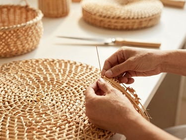 Hands weaving natural rattan fibers in a bright, modern workshop, soft golden lighting, warm editorial style.