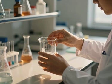 Modern clean laboratory environment, researcher adjusting a glass beaker with natural light, soft focus