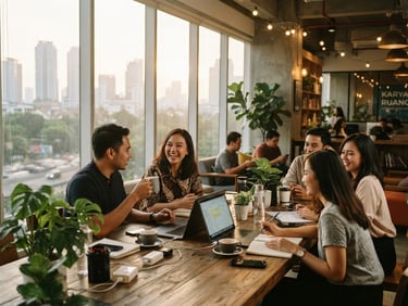 Warm golden hour editorial photography of a collaborative workspace in Jakarta, modern design, soft light, 35mm