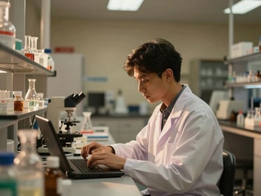 Warm editorial photography of a modern corporate laboratory and research environment in Indonesia, soft golden hour sunlight, a young professional scientist analyzing data, 35mm style