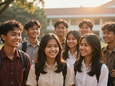 Group of young Indonesian students smiling warmly in an outdoor university courtyard, soft golden hour sunlight