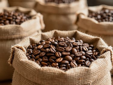 Macro shot of fresh organic coffee beans in woven sacks, warm sunlit warehouse, 35mm