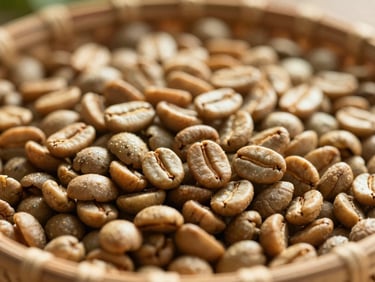 Close-up of freshly harvested organic coffee beans in a woven basket, warm natural sunlight, shallow depth of field.