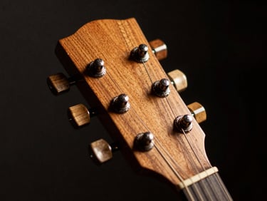 Close-up of a guitar headstock with traditional wooden pegs, dark background, warm wood grain texture