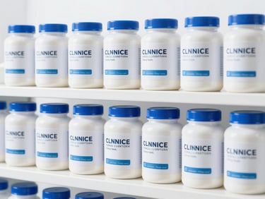 Professional sealed canisters of clinical protein supplements on a structured clean shelf, bright high-key white background.
