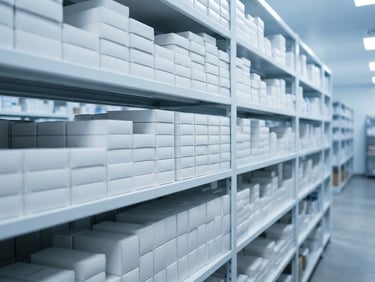 Medium shot of organized clean pharmaceutical warehouse shelves with sealed medicine boxes, sterile cool blue and white studio lighting, sharp focus.