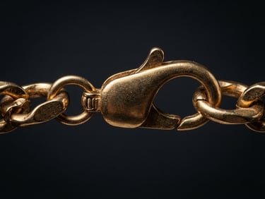 Extreme macro shot of a heavy-gauge 18k gold plated clasp, high-contrast directional studio light, deep charcoal shadows, 100mm lens