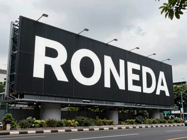 Wide environmental shot of a large-format billboard installation on a Jakarta arterial road, overcast daylight, architectural framing from street level looking up at the finished signage panel, no people
