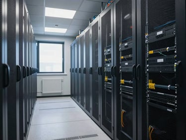 Interior of a clean corporate server room, north-facing daylight supplemented by overhead fluorescent, structured cable management visible, rack units installed and labelled, no personnel