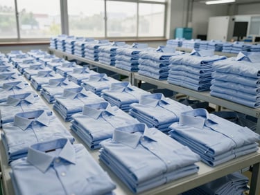 Wide shot of neatly folded corporate uniform shirts arranged in precise stacked rows on a clean industrial shelving unit inside a production facility — overcast natural daylight through north-facing windows, flat even illumination, no shadows, fabric texture visible, no people
