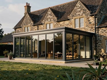 Wide-angle architectural transition showing a modern glass-walled extension seamlessly integrated into a historic stone farmhouse exterior.
