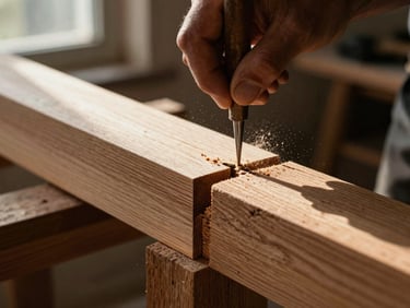 Tight macro shot of a master carpenter hand-chiseling a mortise and tenon joint in raw oak timber, dramatic side-lighting emphasizing wood grain and dust motes.