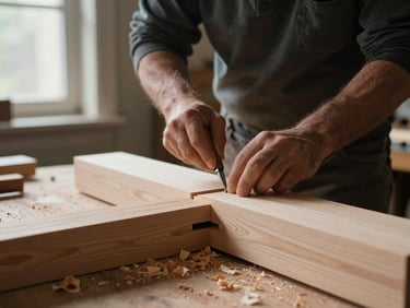 A master craftsman chiseling a mortise and tenon joint in a massive white oak timber, wood shavings on the workbench, side window light, shallow depth of field.