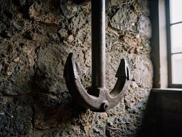 Close-up of a heavy steel hydraulic pier being anchored deep into historic stone foundation walls, low-key natural light, high texture, 35mm film grain.