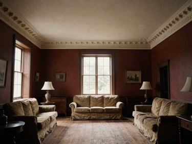 Symmetrical wide-angle shot of a restored historical living room, high plaster ceilings, natural side-light highlighting the intricate moldings, warm editorial tone