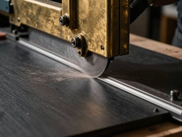 Heavy beam saw slicing cleanly through a dark matte wood panel, dramatic focused spotlighting, dust particles suspended.