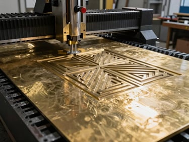 Industrial CNC router carving intricate geometric patterns into a thick brass-plated sheet, cool workshop daylight.