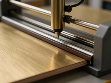 Automated edge bander applying a seamless dark veneer edge to a structural board, micro focus, warm brass tones.