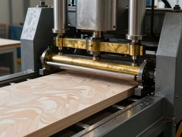 Industrial cold press machine clamping down on layered veneer sheets, raw steel frame, high-pressure hydraulic cylinders.