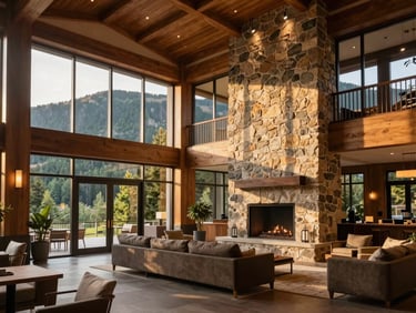 Elegant modern hotel lobby with high ceiling, stone fireplace, large windows