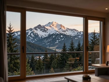 Cozy modern apartment interior with large glass windows showing the snowy Giewont peak