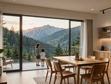 Bright family apartment living room, modern design, dining table, mountain views