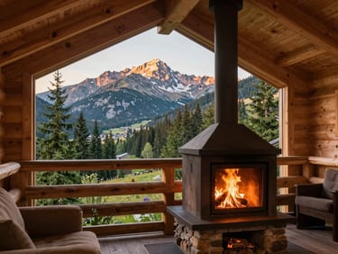 Interior of a cozy wooden chalet cabin, warm fire burning in the fireplace