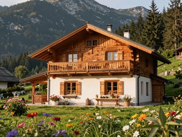Charming wooden villa in Zakopane style, lush green garden, summer flowers