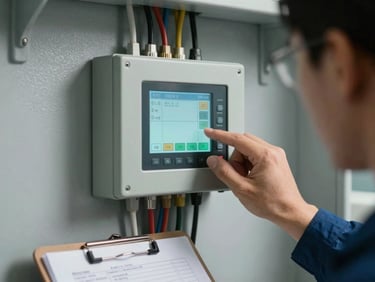 Close-up documentary shot of a thermostat control panel and diagnostic readout screen mounted on a painted interior wall, technician's hand adjusting settings, ambient daylight, cables neatly routed behind the panel, industrial clipboard with notes resting against the wall below