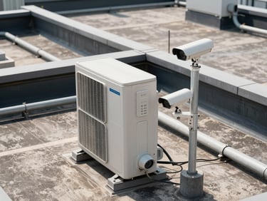 Overhead view of a commercial rooftop showing both an outdoor condenser unit for an air conditioning system and two PTZ security cameras mounted on poles nearby, daylight, wiring conduits running parallel across the rooftop surface