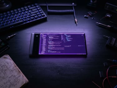 Overhead flat-lay of a sleek modern Android smartphone lying on a dark developer desk, emitting a sharp electric-violet glow from its screen, moody ambient lighting, 35mm lens.