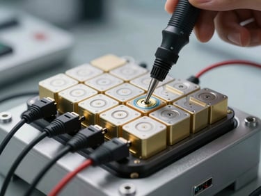 Macro close-up shot of an electric vehicle battery pack under bright laboratory lighting, with high-precision diagnostic probes connected to individual cells.