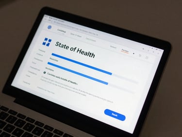 Flat-lay technical documentation and a digital screen showing a certified State of Health certificate with clean typography and blue risk rating indicators.