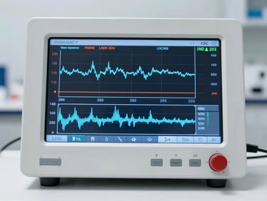 Macro flat-lay of a clean laboratory diagnostic dashboard showing real-time battery impedance charts and crisp blue telemetry lines on a white background.